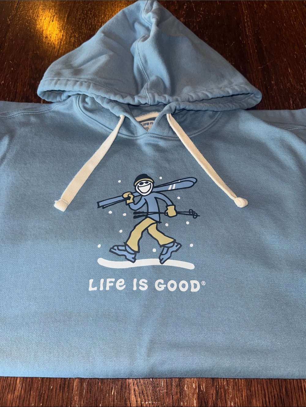 Life Is Good Men's Light Blue Hoodie with Ski Graphic